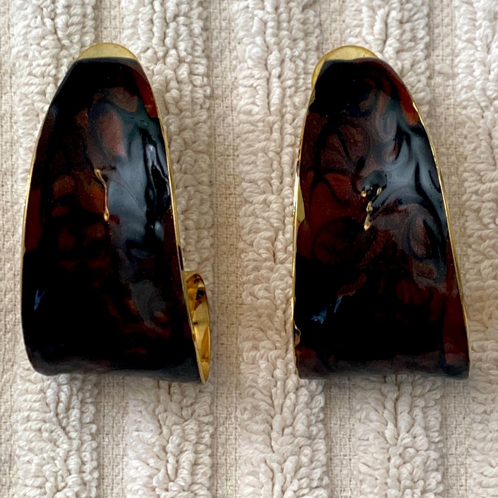 Vintage Large Tortoiseshell Enamel and Gold Tone Earrings